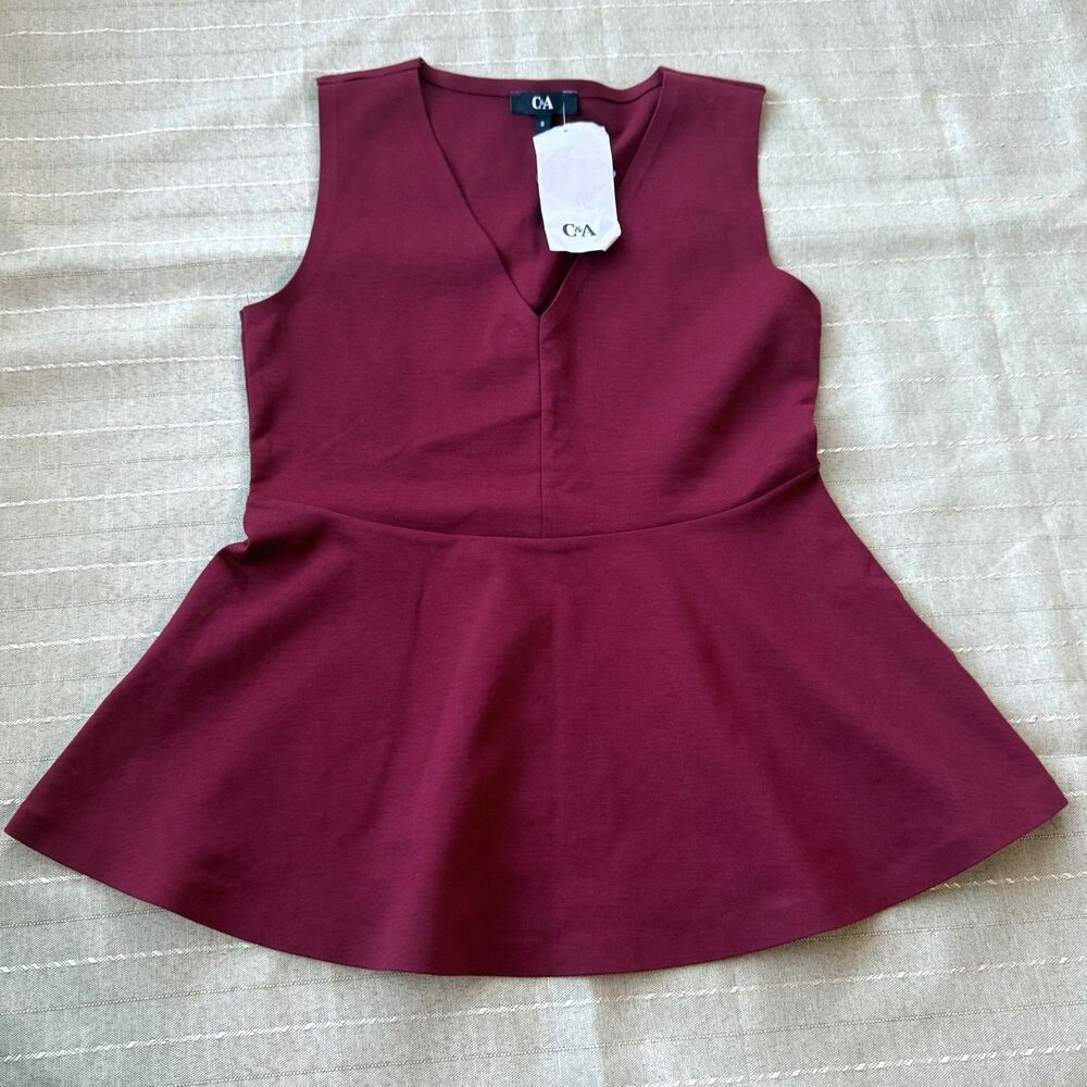 NWT C&A Womens Peplum Sleeveless Top Maroon Red Burgundy Size S